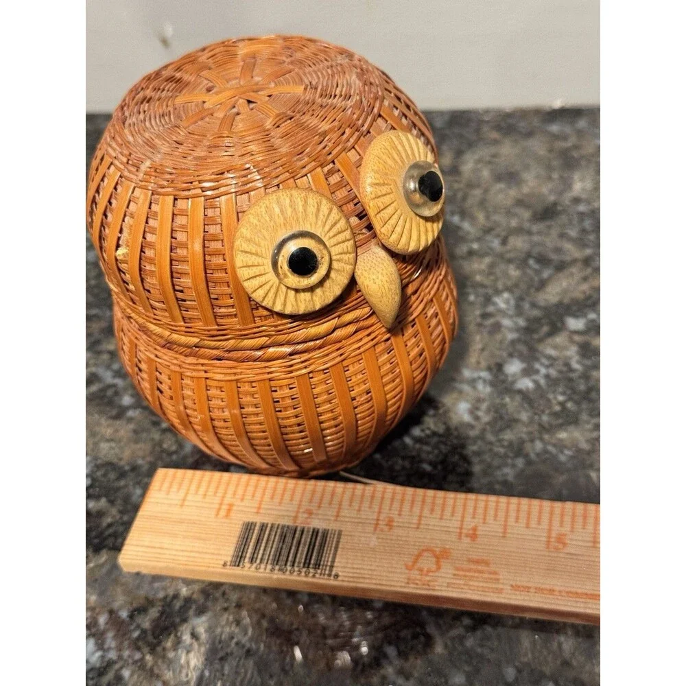 Vintage Shanghai Handicrafts Wicker Owl Lidded Basket Trinket Box Boho PRC.